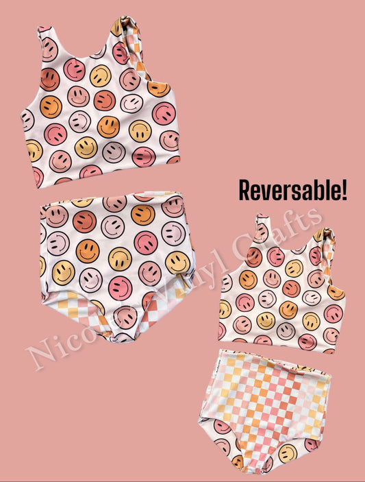 Retro Pink & Orange Smiley Face/Checkers Two Piece Bathing Suit