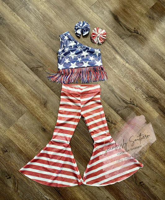 July 4th Bell Bottom and fringe Crop Top with matching Bow