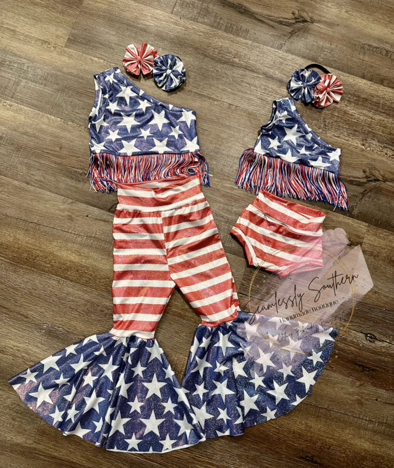 July 4th Bell Bottom and fringe Crop Top with matching Bow