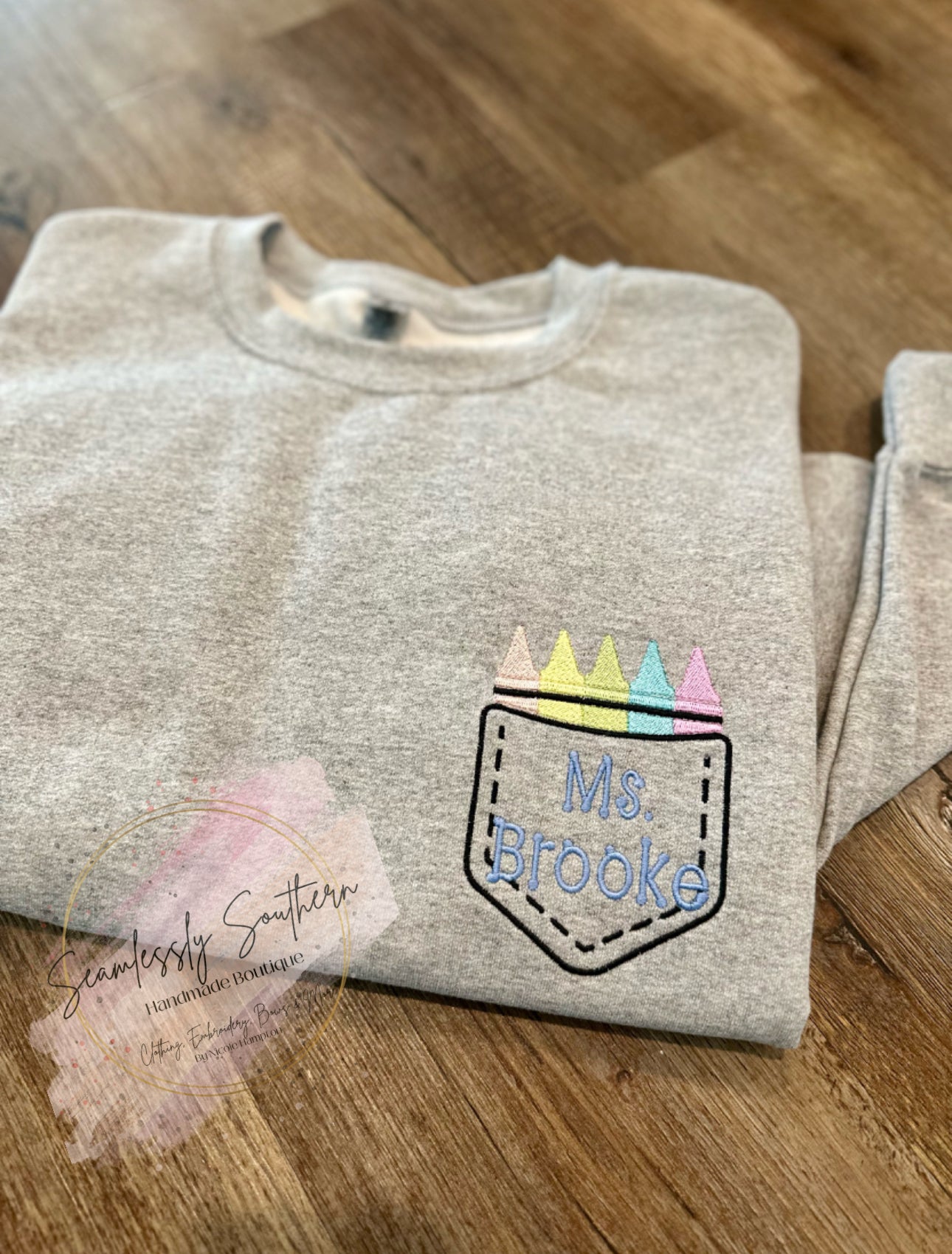 Personalized Embroidered Teacher Crayon Pocket Sweatshirt