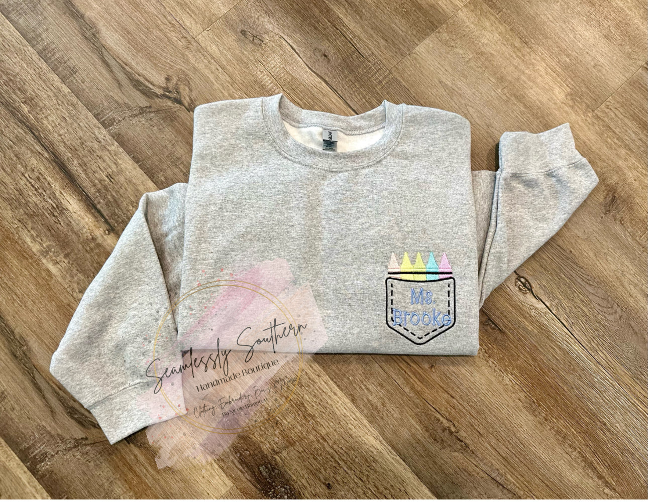 Personalized Embroidered Teacher Crayon Pocket Sweatshirt