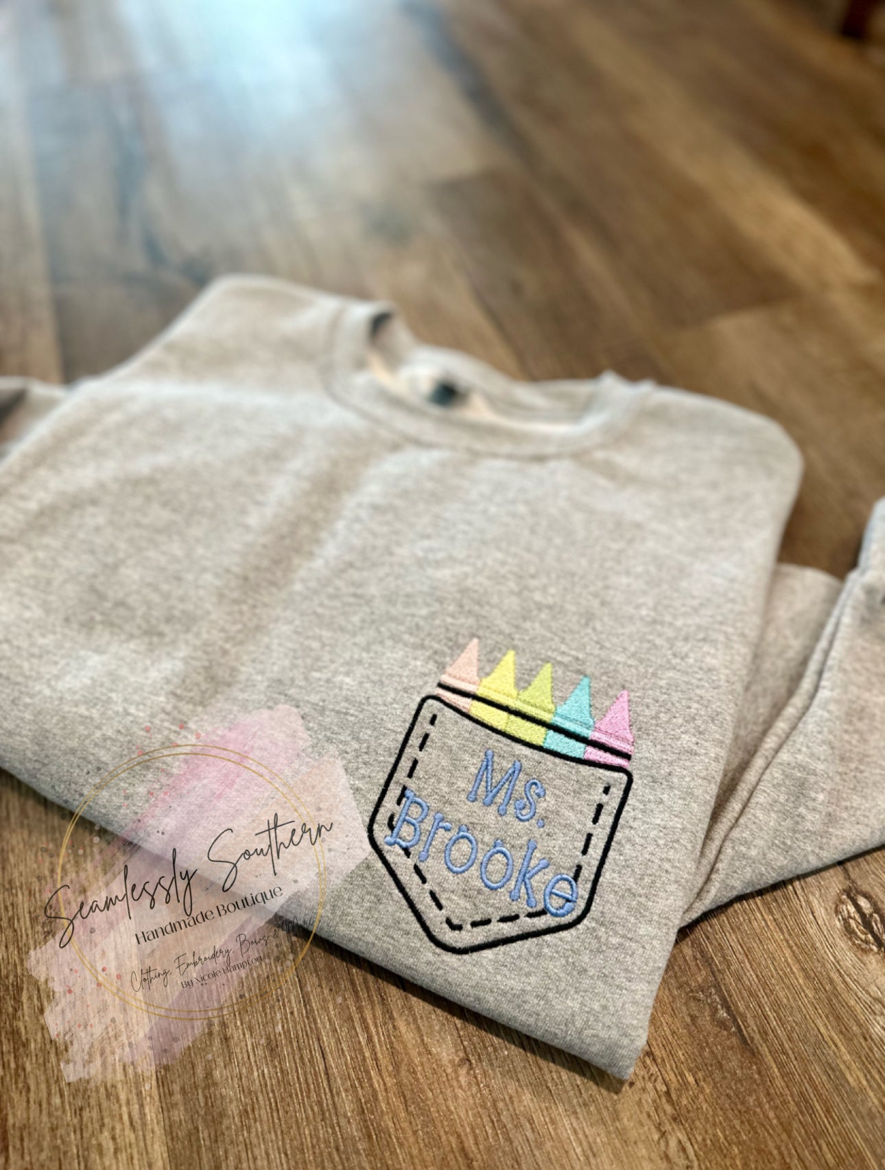 Personalized Embroidered Teacher Crayon Pocket Sweatshirt