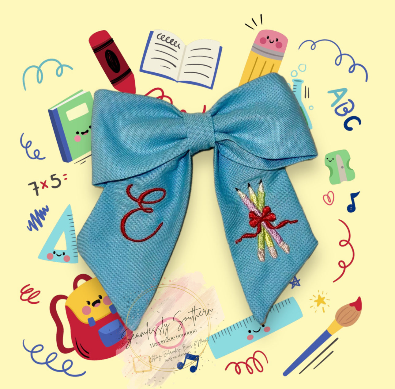 Personalized Embroidered School Bow